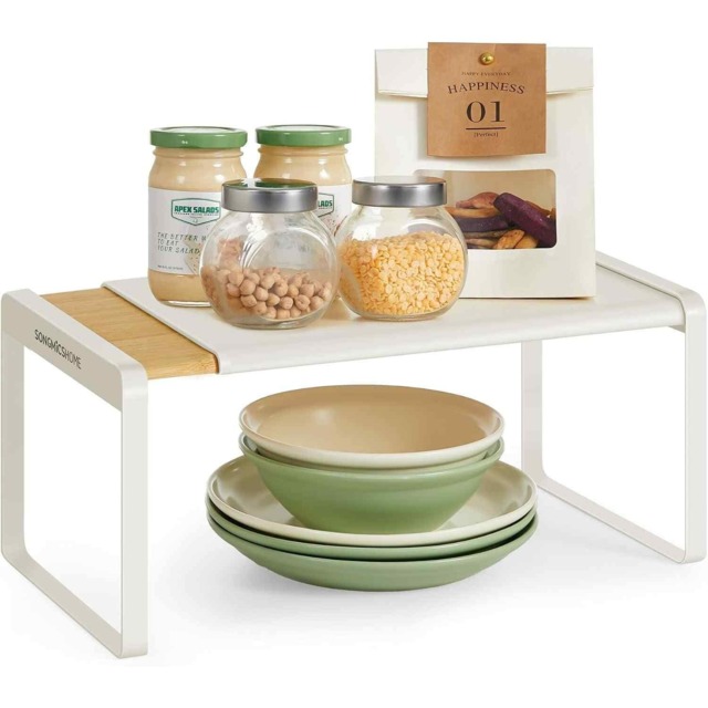 Expandable Spice Rack Shelf, Stackable Kitchen Organiser for Cupboards and Countertops, Light Bamboo and Cream White