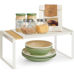 Expandable Spice Rack Shelf, Stackable Kitchen Organiser for Cupboards and Countertops, Light Bamboo and Cream White