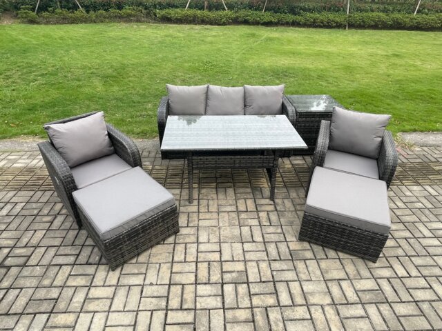 Fimous 7 Seater Rattan Outdoor Garden Furniture Set Rectangular Dining Table and Chair Sofa Set With Side Table 2 Big Footstool Dark Grey Mixed