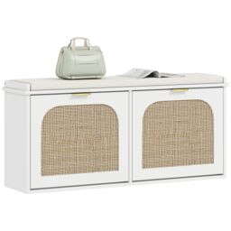 HOMCOM Boho Shoe Bench with Padded Seat and 2 Flip-Drawers, White