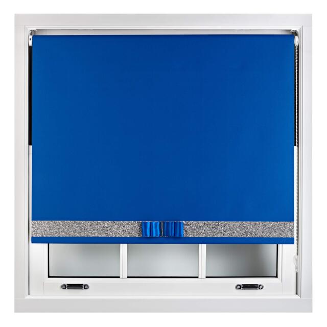 FURNISHED Blackout Roller Blind with Silver Glitter Trim and Blue Bow Trimmable Window Shade Blue Blue (W) 65cm x (L) 210cm