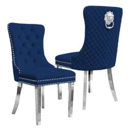 Groundlevel Set Of 2 Plush Velvet Dining Chairs With Lion Head Knocker Luxurious Blue