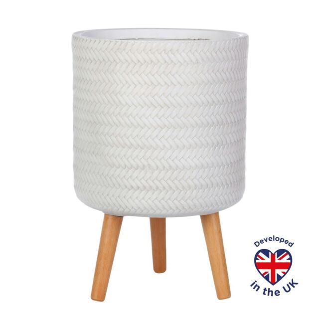 Plaited Style White Cylinder Planter on Legs, Round Pot Plant Stand Indoor D30 H46 cm, 17.9 ltrs Cap.