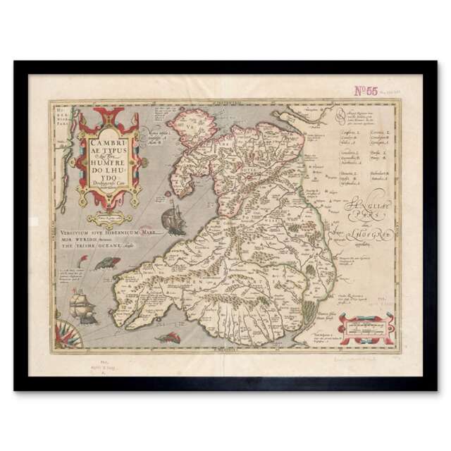 "Hondius 1633 Welsh Latin Early Map Wales Cymru 12x16"" Framed Wall Art Print"