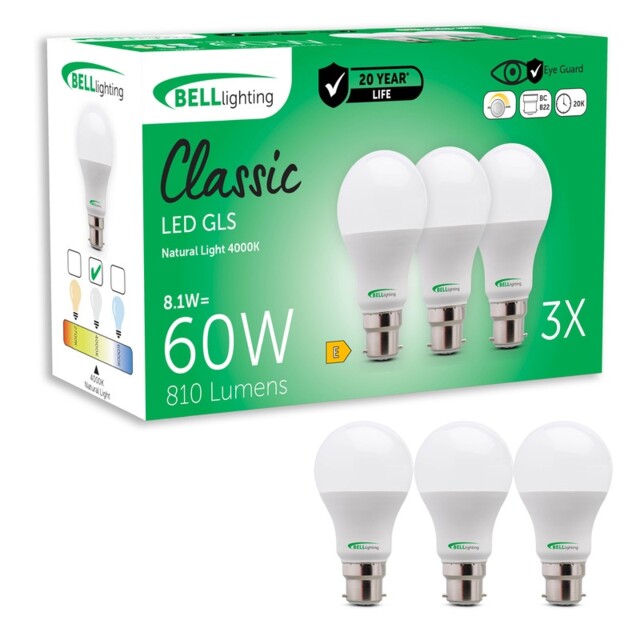 BELL Lighting Dimmable B22 Bayonet Energy Saving LED Light Bulbs GLS 8.1W White Cool White - 4000k 3