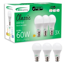 BELL Lighting B22 Dimmable LED GLS Bulb Natural White 4000K 810lm 8.1W Energy Saving LED