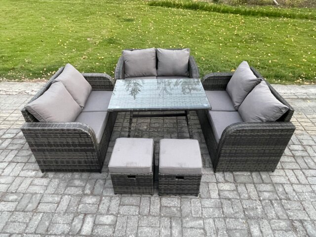 Fimous Outdoor Rattan Garden Furniture Set 8 Seater Patio Love Sofa Set with Rectangular Dining Table 2 Small Footstool Dark Grey Mixed