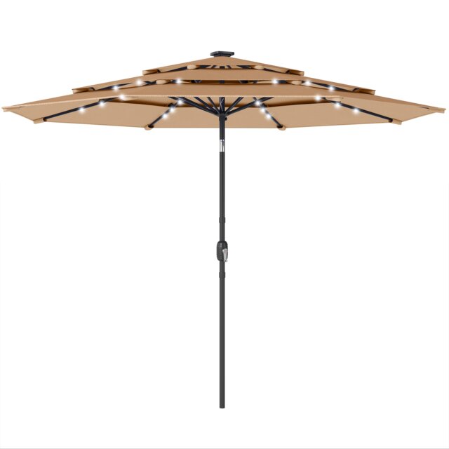 Outsunny 2.8 m Garden Parasol Umbrella with Light, Patio Umbrella Brown Khaki Dia. 282 x 243 cm