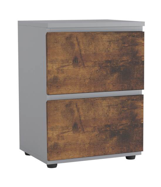 URBNLIVING 2 Drawer Bedside Cabinet Handle Free Nightstand Multi Grey Carcass + Rustic Brown Drawers 1