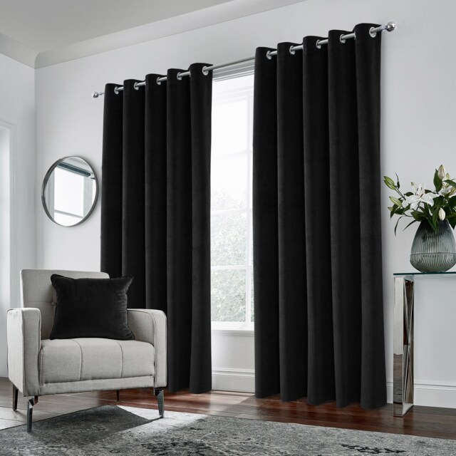 Luxury Enhanced Living Black Velvet, Supersoft, Blackout, Thermal Pair of Curtains with Eyelet Top - 46 x 54 inch (117x137cm) Black Black 2
