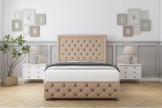 "Sloomy Vienna Pebble Plush Divan Bed With Mattress 2 Drawers Left Side With 54"" Floor Standing Headboard & 12"" Matching Footboard 4' Small Double Brown Pebble Small Double 1"
