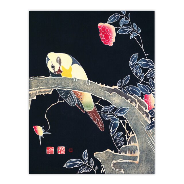 "Parrot Rose Flower Bush Japanese Vintage Wall Art Print Jakuchu 24x32"""