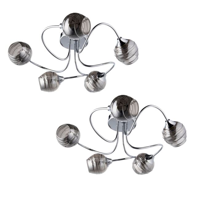 Set of 2 Marple - Chrome with Smoke Glass 5 Light Flush Ceiling Lights