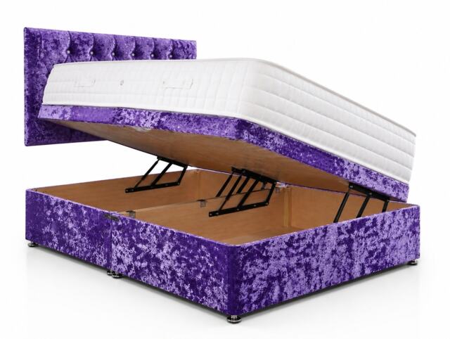 Side Lift Crushed Velvet Purple Ottoman Bed Set 4ft Small Double