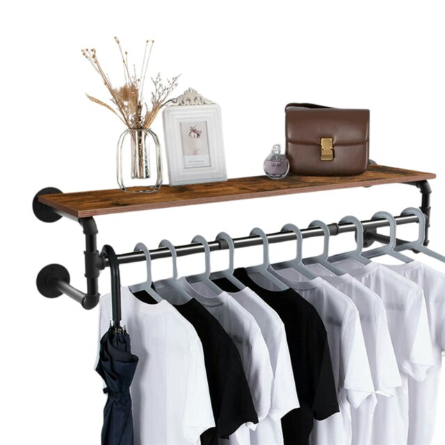 Industrial Heavy Duty Pipe Wall-Mounted Floating Shelf With Hanging Rail Brown Brown One Size