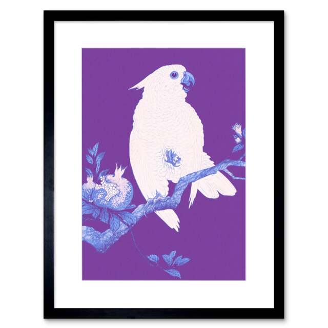 "Cockatoo And Pomegranate Ohara Koson Purple 9x7"" Black Framed Wall Art Print"
