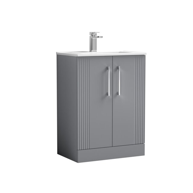 Partial Fluted 2 Door Floor Standing Vanity Unit with 1 Tap Hole Minimalist Basin - 600mm - Satin Grey Grey