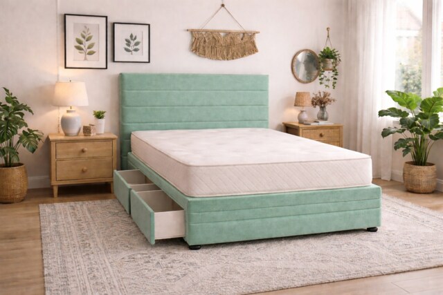 Divan Bed Set Headboard and Footboard with Mattress 4ft6 Double Mint Suede Storage 2 Drawers Right Side Laying in Bed