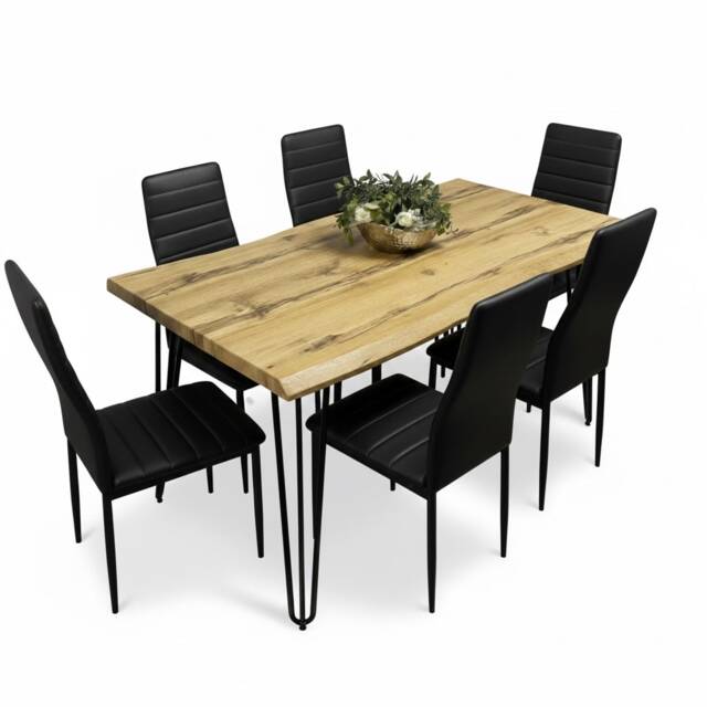Modern Dining Table Set With 6 Black Faux Leather Chairs Dining Room Furniture