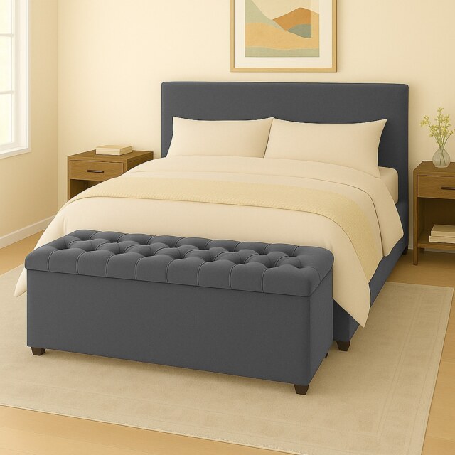 137cm Chesterfield Plush Velvet Steel Grey Upholstered Storage Ottoman Bench - Deep Tufted Lid & Wooden Leg