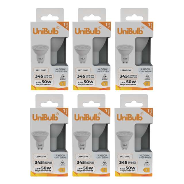 UniBulb LED GU10 345lm 3.6W (Replaces 50W) 4000K (Cool White) Spotlight Downlight Light Bulb - Pack of 6 White Cool White 6