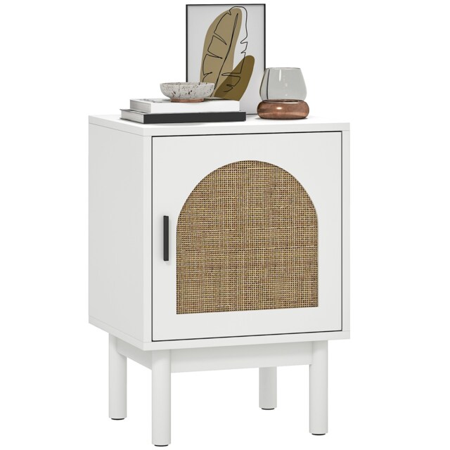 HOMCOM Rattan Bedside Table, Boho Bedside Cabinet with Adjustable Shelf and Solid Wood Legs, Side Table for Living Room, Bedroom, White White Natural Rattan 1