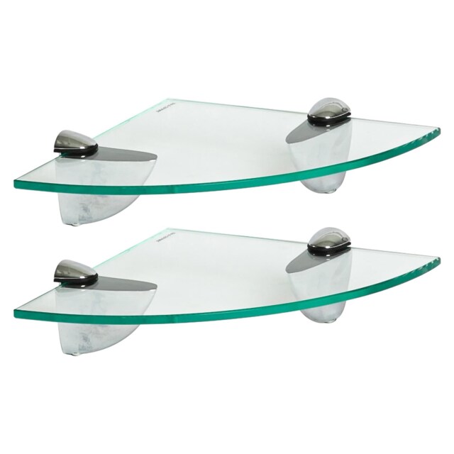 Harbour Housewares Floating Glass Corner Shelf - 20cm - Metallic Brackets - Bathroom Shower Storage Vanity Display Unit Shelf Silver Chrome 2