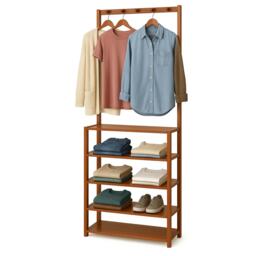 Wooden Clothes Rack With 12 Hooks & 5 Tier Shoe Storage Brown One Size