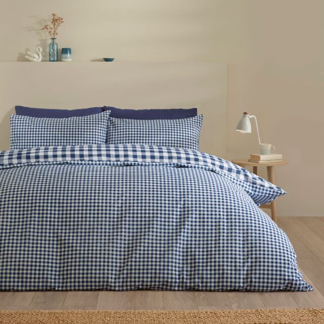 Catherine Lansfield Bamford Gingham Check Reversible Duvet Cover Set Blue Navy Blue King