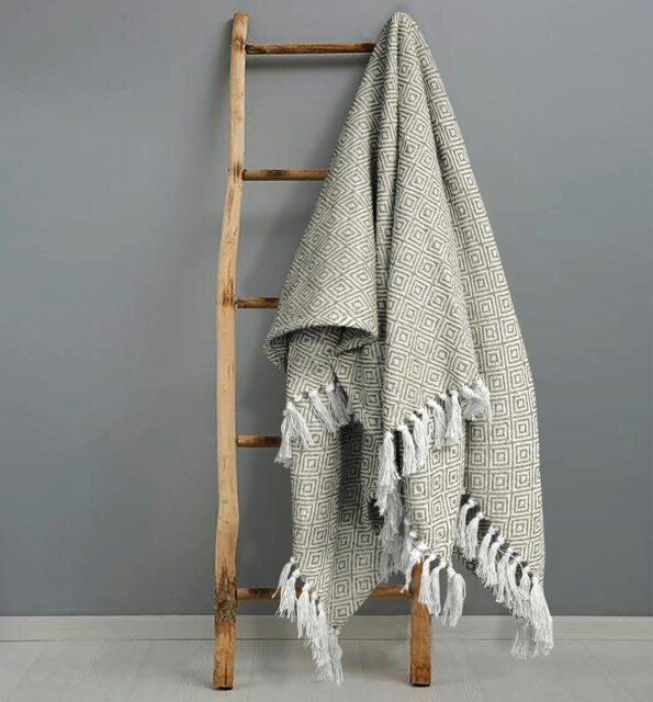 Velosso Luxury Jacquard Diamond Cotton Tassel Throw - 127cm x 152cm Cream Beige