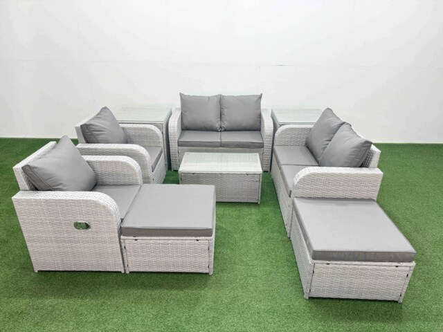 Fimous 8 Seater Outdoor Reclining Chair Love Sofa Set Rattan Garden Furniture Set with Rectangular Coffee Table 2 Big FootStools 2 Side Table Light Grey