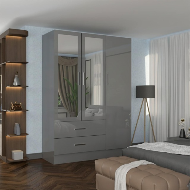 Sliding Wardrobes 4U High Gloss Wardrobe Range with Mirror & Gold Handles - Available in 2, 3 or 4 Door Sizes, White, Black or Grey Finish Grey Grey 116cm