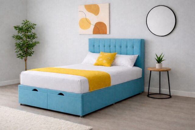 End Opening Ottoman Divan Bed Set 4ft6 Double Sky Blue Plush