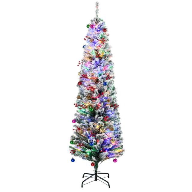 HOMCOM 6ft Pre Lit Artificial Christmas Tree Holiday Decor with 160 Colourful LED Lights and 492 Snow Flocked Tips, Pine Cone, Berry, Ball Tree Decoration