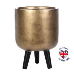 Concrete Effect Gold Round Planter with Legs, Round Pot Plant Stand Indoor D25 H34 cm, 9 ltrs Cap.