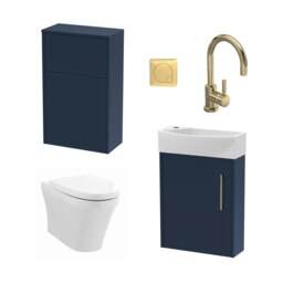 Power Cloakroom Bundle - Right Wall Hung Vanity Unit, Concealed Cistern WC Unit, Toilet & Tap, 440mm - Blue/Brass - Balterley Grey