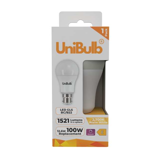 UniBulb LED GLS B22 Bayonet Cap (BC) 1521lm 12.6W (Replaces 100W) 2700K (Warm White) Dimmable Light Bulb - Pack of 1 White Warm White 1