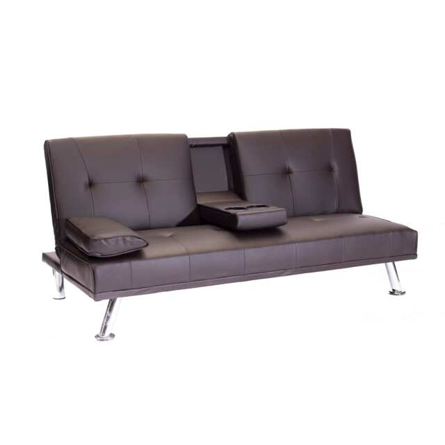 Odeon Faux Leather Click-Clack Sofa Bed with Cup Holders & Chrome Legs - Brown Brown Brown 1