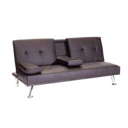 Odeon Faux Leather Click-Clack Sofa Bed with Cup Holders & Chrome Legs - Brown Brown Brown 1