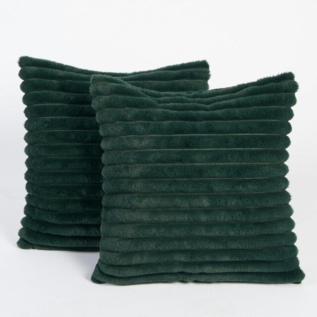 OHS 2 x Faux Fur Matte Velvet Fleece Thick Ribbed Cushion Covers, 45x45cm - Green