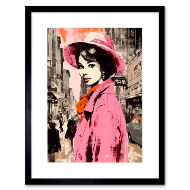 "Retro Aesthetic Vintage Fashion Woman Street 9x7"" Black Framed Wall Art Print"