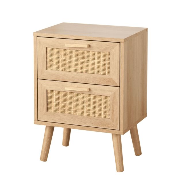 2 Drawer Bedside with Rattan Fronts Bedroom Nightstand Table Solid Wooden Legs