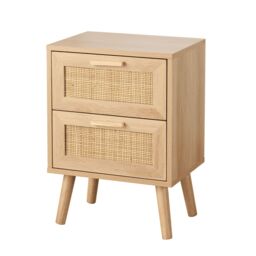2 Drawer Bedside with Rattan Fronts Bedroom Nightstand Table Solid Wooden Legs