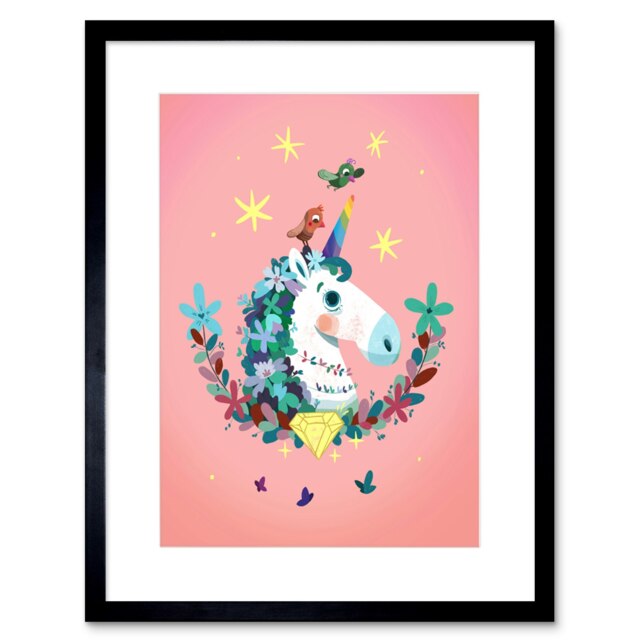 "Unicorn Diamond Star Birds Pink Girl Kids Bedroom 9x7"" Black Framed Wall Art Print"