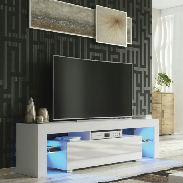 Aria TV Unit 160cm with High Gloss Doors and LED Lights White White & Gloss Doors