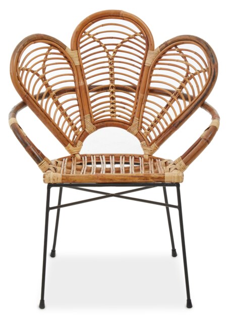 Interiors by Premier Natural Brown Rattan Arm Chair with Petal Design, Black Metal Legs Rattan Dining Chair, Cane Dining Chair Brown Brown