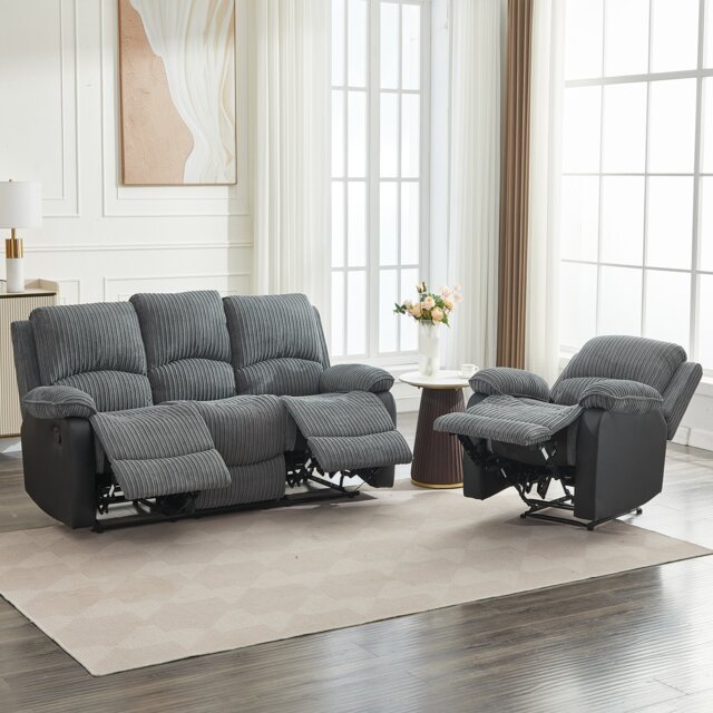 Manual Reclining Sofa Set, Corduroy Fabric Recliner Sectional Sofa Suite - 1+3 Sofa Set