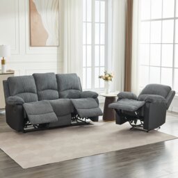 Manual Reclining Sofa Set, Corduroy Fabric Recliner Sectional Sofa Suite - 1+3 Sofa Set