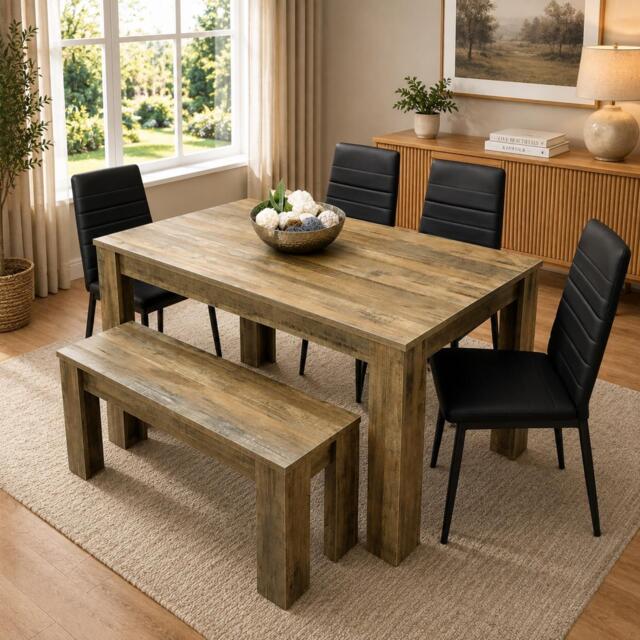 Wooden Dining Table Set for 6 Rustic Effect Table With 4 Black Leather Chairs and 1 Bench
