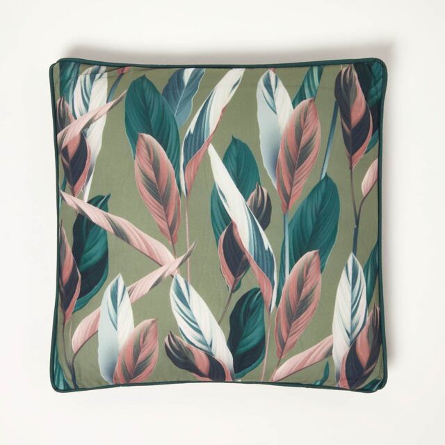 Homescapes Light Green Botanical Leaf Cushion - 45 x 45 cm